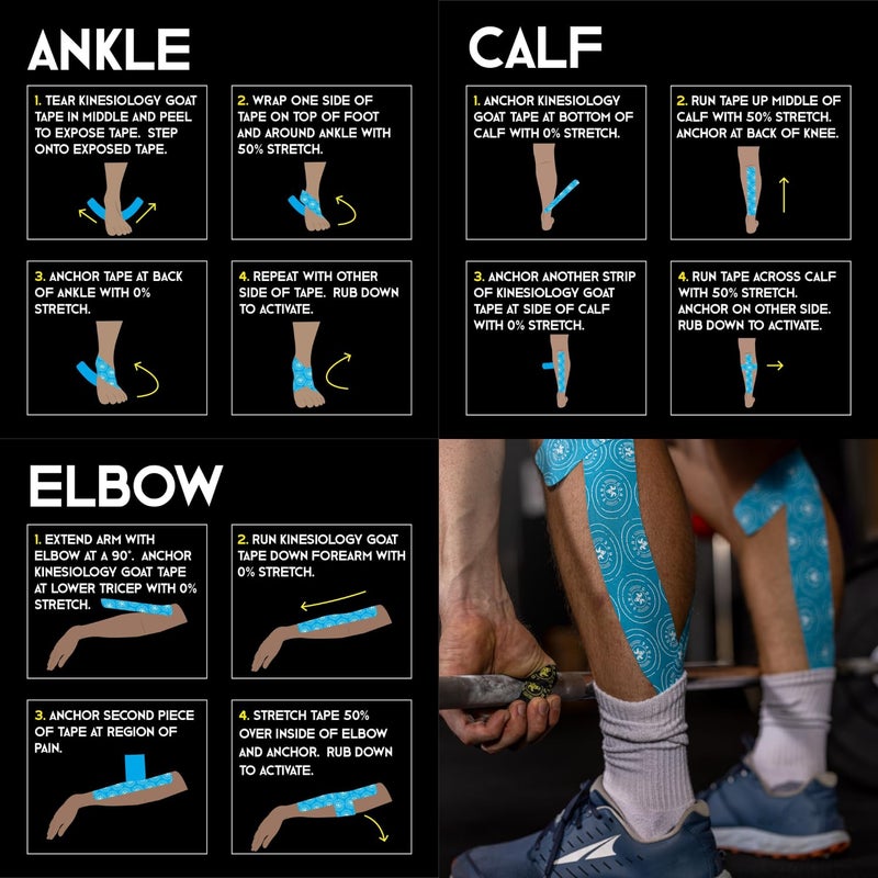 Goat Tape Kinesiology Tape Roll, Athletic Muscle Tape for Full Range of Motion, Skin Mimicking Kinesio Tape, Cross Training Tape, WOD Tape, 20-Precut Strips, Latex-Free Shoulder Foot & Knee Tape - Image 3
